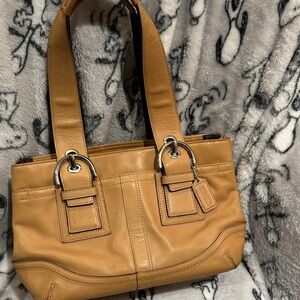 Coach Tan Leather Shoulder Bag with Silver Accents